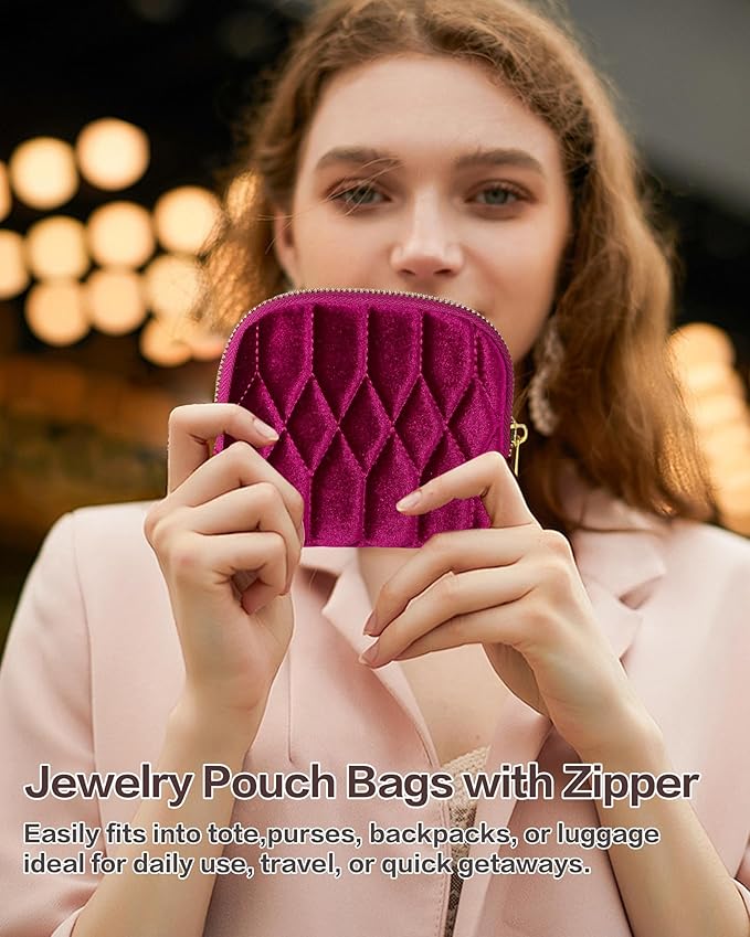 Small Travel Jewelry Case, Mini Travel Jewelry Bag with Zipper, 5-Layer Velvet Organizer Pouch for Bracelet Rings Earrings - Diamond Stitched Velvet BarbiePink