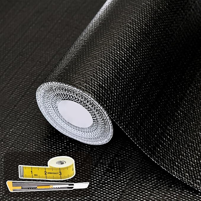 Shelf Liners for Kitchen Cabinets 17in x 20FT, Non Adhesive Drawer Liner Pure Black Thickened Shelf Liner Non-Slip Easy to Clean for Tool Box Refrigerator with Knife and Tape Measure