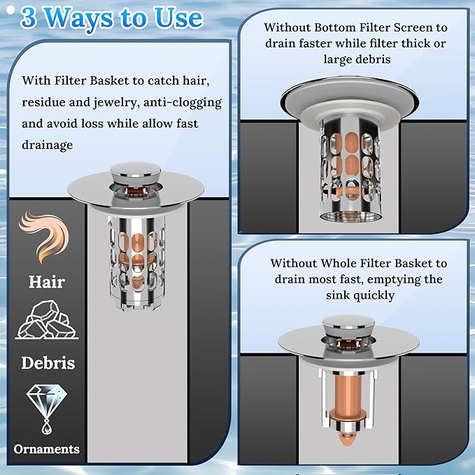 Pop up Bathroom Sink Drain Strainer,Universal Sink Stopper Bathroom Drain with Filter Basket,Bathroom Sink Stopper Hair Catcher for 1.06"~1.61" Drain Hole 2 PCS(Silver Chrome)