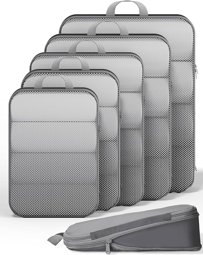 Veken 6/9/11 Set Compression Packing Cubes for Travel Essentials, Compressible Expandable Large Luggage Suitcase Organizer Bags for Clothing, Durable Space Saver Storage Bags (Gray)