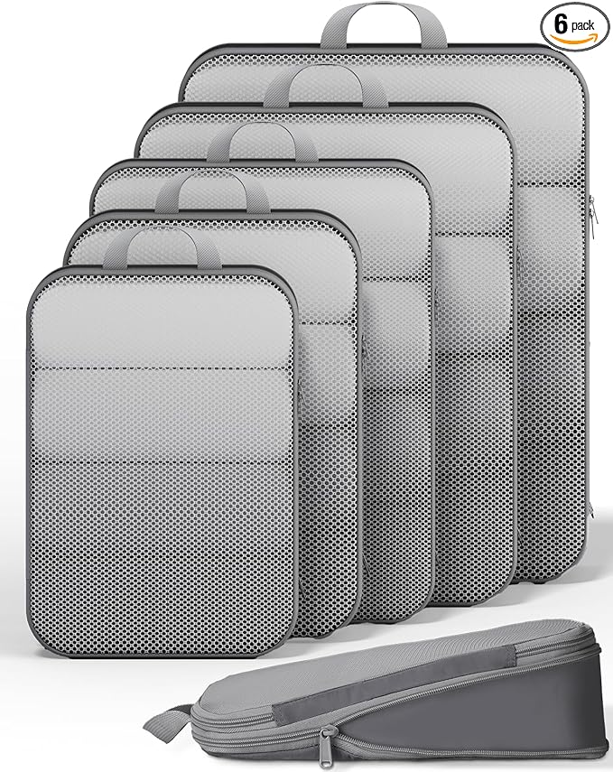 Veken 6/9/11 Set Compression Packing Cubes for Travel Essentials,Compressible Expandable Large Luggage Suitcase Organizer Bags for Clothing,Durable Space Saver Storage Bags(Gray)