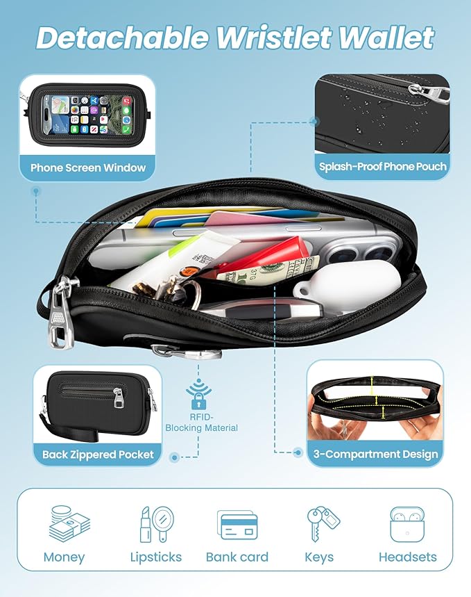 Clip and Go Strap for Phone with Wallet Crossbody, Adjustable Neck Lanyard, Detachable Wristlet Wallet with Zipper Phone Screen ID Window, 2x Tether Tabs Compatibe for iPhone & Most Cellphones Black