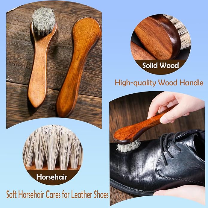 Shoe Shine Kit for both home and outdoor use ,10Pcs shoe polish kit ,4 Horsehair Shoe Brush, Black Shoe Polish and White Shoes Polish,ShoeHorn,2Polishing Cloth,Shoe Care Kit for Men and women.