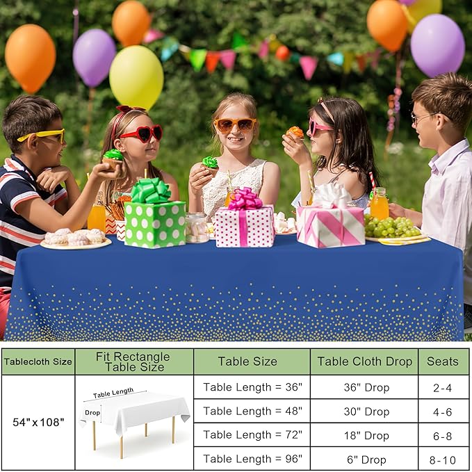misaya 3 Packs Dot Disposable Table Cloth, 54 x 108 Inch Waterproof Plastic Tablecloth, Rectangle Gold Dots in Navy Table Covers for Picnic, Birthday, Party