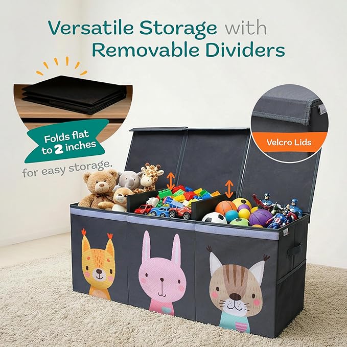 Extra Large Toy Storage Organizer with Lid - Sturdy, Collapsible Toy Chest Storage Box with Cute Design - Toys Bin with Dividers for Kids, Boys, Girls, Nursery, Bedroom, Play room 37"x16"x14"