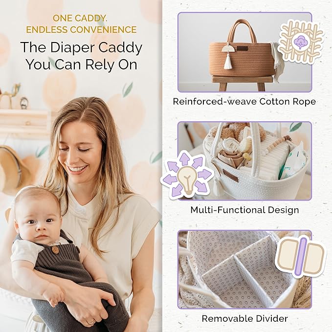 Baby Diaper Caddy Organizer, Portable Nursery Storage Basket with Sturdy Handle Diaper Caddy Basket, Car Caddy for Diapers and Baby Wipes, Newborn Essentials