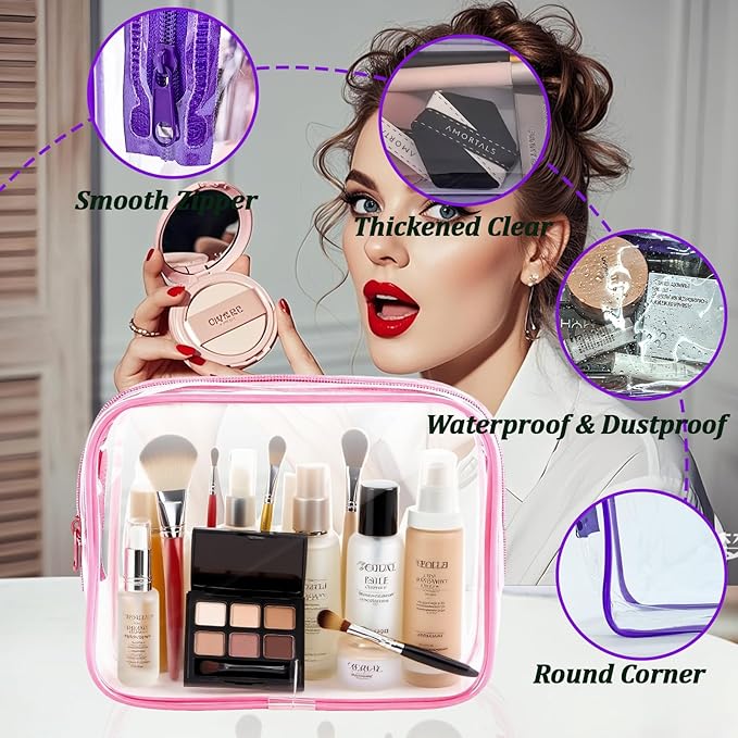 6 Pieces Clear Makeup Bags Bulk, TSA Approved Toiletry Bag PVC Clear Cosmetic Toiletries Pouch with Zipper, Waterproof Vinyl Plastic Organizer Case for Women Carry-on Travel Essentials