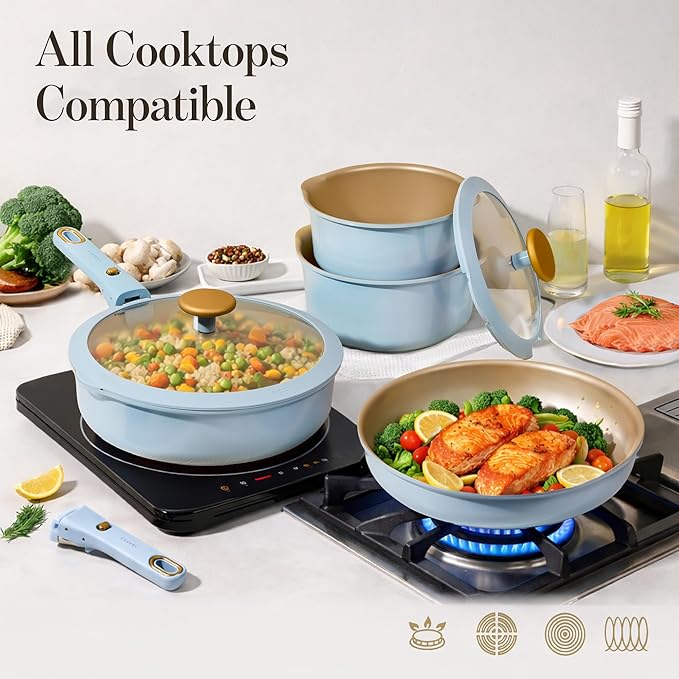CAROTE 18Pcs Pots and Pans Set, Nonstick Cookware Set Detachable Handle, kitchen Pan Set, Induction kitchen cookware Non Stick, RV Cookware Sets, Oven Safe, Blue