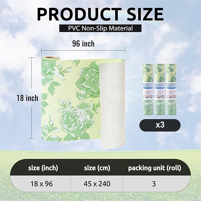 FIFTY FEET 18X96 Inch Shelf Liner for Kitchen Cabinets, PVC Drawer Liner for Dresser Non-Slip Bathroom, Non-Adhesive Cabinet Liner Washable (Green Flower)(3 Roll)