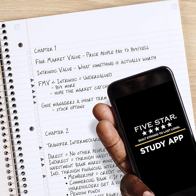 Five Star Spiral Notebook + Study App, 5 Subject, College Ruled Paper, 8-1/2" x 11", 200 Sheets, Fights Ink Bleed, Water Resistant Cover, Fire Red (72077), (Pack of 6)