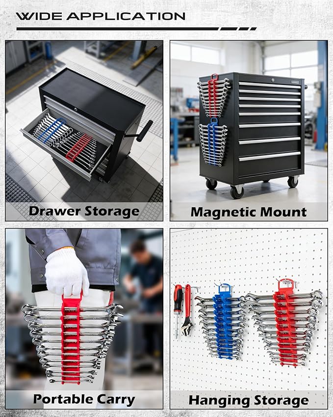 2-Pack Magnetic Wrench Organizer Set, 24-Slot Premium Wrench Rack Holder with Non-Slip Carry Handle for Tool Box Drawer Wall Storage, SAE (1/4'' to 15/16'') & Metric (6mm to 24mm)