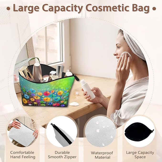 Watercolor Floral Makeup Bag Travel Cosmetic Bag for Women,Yellow Green Abstract Small Make up Pouch Travel Bags for Toiletries Aesthetic Accessories Waterproof Gifts