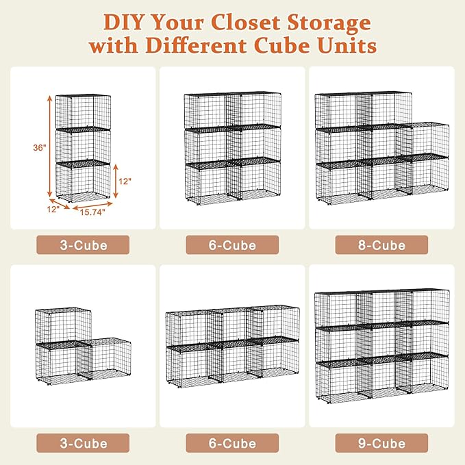 Upgraded Wider & Taller Closet Organizer with Wire Top Shelf, 3-Pack Stackable Closet Shelf Organizer, Space-Saving Clothes Organizer Basket for Closet and Wardrobe, Black