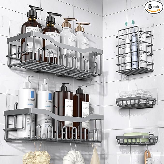 EUDELE 5-Pack Rustproof Stainless Steel Shower Caddy – No Drill Adhesive Bathroom Organizer with Large Capacity, Spacious Shower Shelves for Inside Shower, Kitchen & Home Decor Storage - XL Size