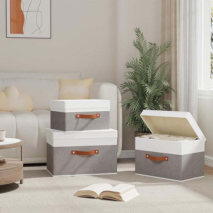 YheenLf Fabric Storage Bin, Storage Basket with Lids, Closet Organizer Box with Handles for Shoes Books Towels, White and Grey, 1 Pack, 13 x 9.1 x 7.9 Inch