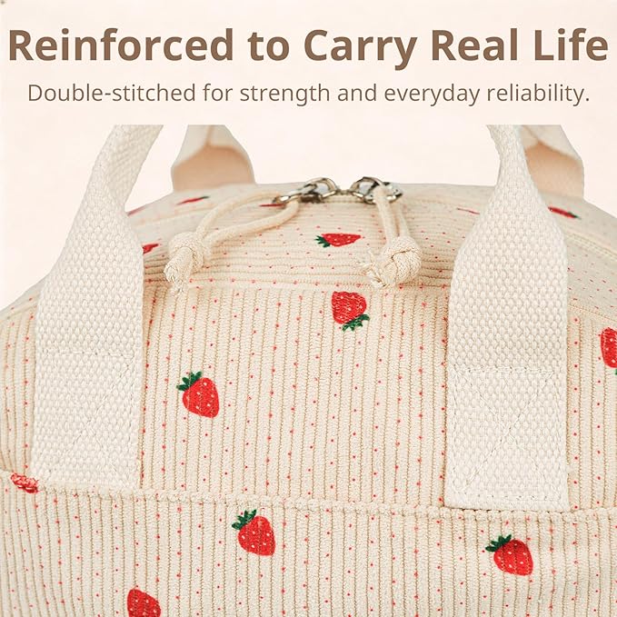 LOVELYWIND Insulated Strawberry Lunch Bag for Women, Stylish Corduroy Tote with Aluminum Lining, Large Capacity Reusable Cooler for Work, Travel, Beach or Picnic, Beige Cream Water-Resistant Lunch Box