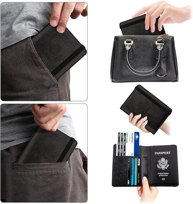 WALNEW Passport Holder for Travel, RFID Passport Cover Wallet for Women Men, PU Leather Passport Book Card Holder Case with Pen, Travelling Essentials for Flying