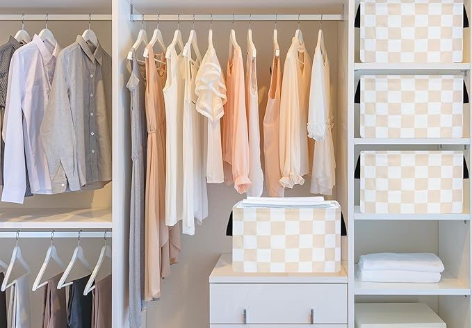 Beige Check Storage Basket Baby Toys Organizer Bins Decorative Gifts Bakset Waterproof Nursery Hamper Women Storage Cube Kids Laundry Basket for Home/Dorm/Kitchen/Pet/Office/Closet/Shelf/