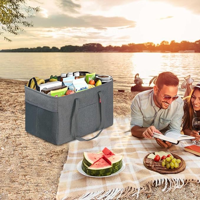 LHZK 2 Pack Utility Tote Bag with Metal Wire Frame and the Sides Rinforced, Large Tote Bag with Handle, Reusable Grocery Bags Foldable, Beach Bag, Car Tote (Grey, 18.5''x11.8''x11.5'')