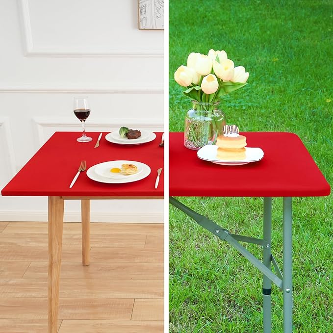 Fitted Rectangle Tablecloth 24 x 48 Inch Elastic Table Cloth for 4ft Table, Stretch Spandex Tables Cover Red Washable Polyester Tables Top Cap Cover for Dining Picnic Camping Indoor and Outdoor