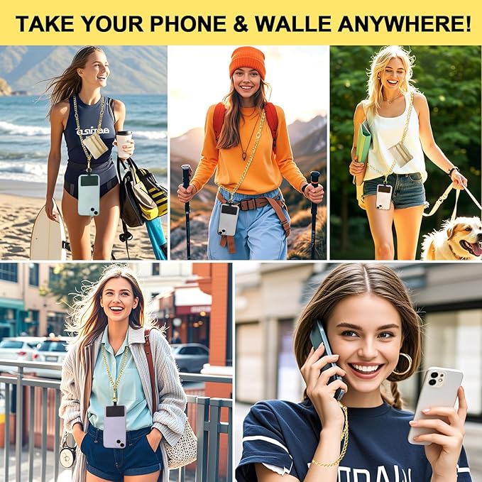 XANGNIER Clip and Go Strap for Phone with Wallet Crossbody, Phone Strap with Zippered Wallet, Adjustable Anti Theft Cellphone Lanyard for Women, Cellphone Chain Accessories, Chain Gold