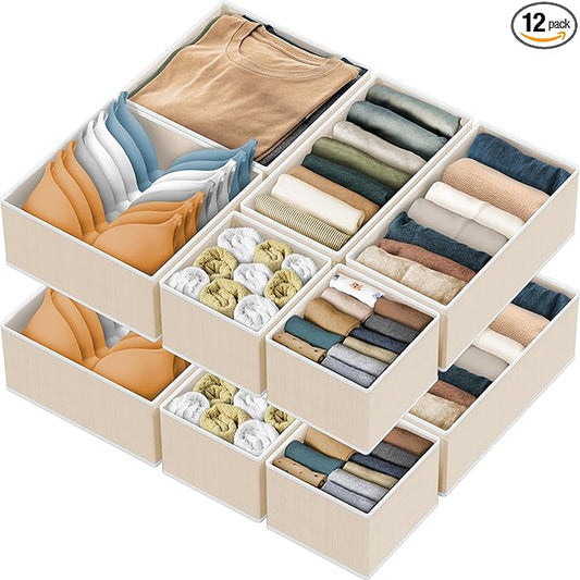 Simple Houseware Foldable Drawer Organizer Set of 12, Beige – Fabric Storage Bins for Clothes, Underwear, Bra, Panty, Socks, Onesies – Closet & Dresser Drawer Dividers for Home Organization