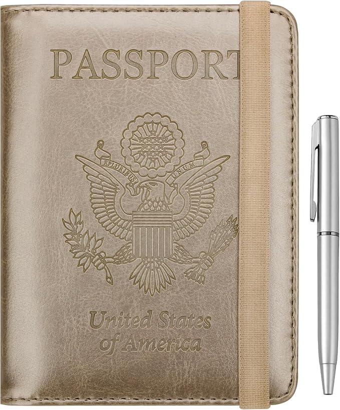 WALNEW Passport Holder for Travel, RFID Passport Cover Wallet for Women Men, PU Leather Passport Book Card Holder Case with Pen, Travelling Essentials for Flying