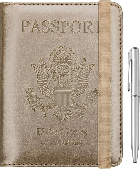 WALNEW Passport Holder for Travel, RFID Passport Cover Wallet for Women Men, PU Leather Passport Book Card Holder Case with Pen, Travelling Essentials for Flying