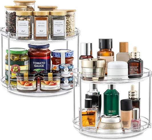 2 Set 2 Tier Non-Skid Acrylic Lazy Susan Turntable Organizer - Rotating Spice Rack - Spinning Organization for Kitchen, Pantry, Countertop, Closet, Bathroom, Vanity, Medicine Cabinet Organizing,9.25''