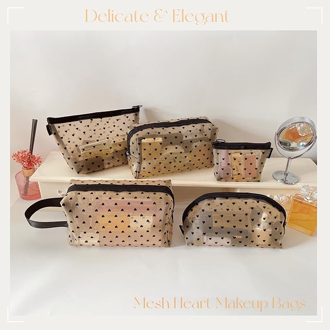 5 Pieces Mesh Heart Makeup Bags Sets, Zipper Mesh Cosmetic Bag Toiletry Bag, Travel Makeup Bags for Women, Small Items Storage Organizer Bags for Home Office Travel (Beige)