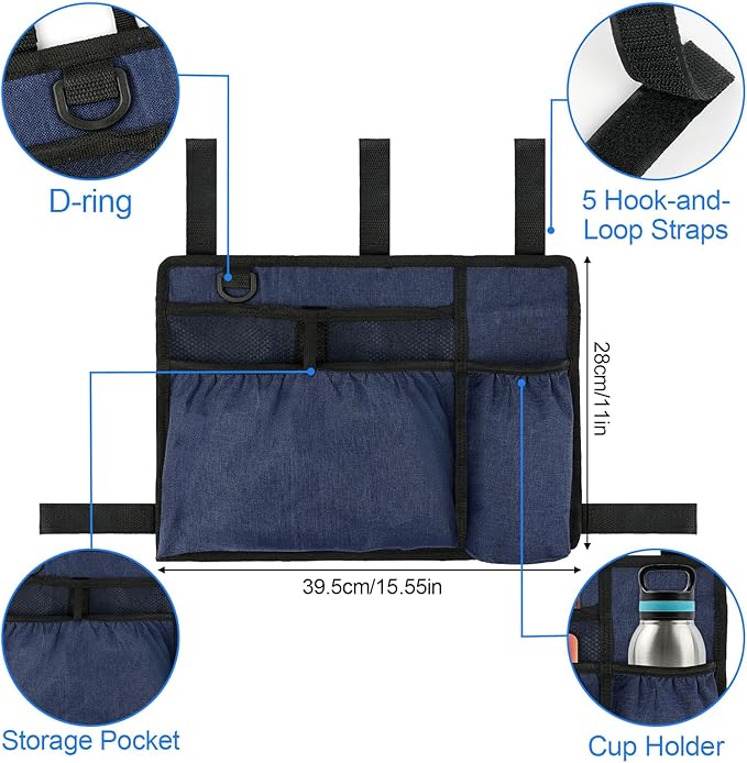 Walker Bag Basket with Cup Holder for Folding Walker Accessories for Seniors Elderly, Handicap, Foldable & Water Resistant Walker Storage Bags with Big Capacity - Dark Blue