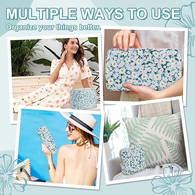 Waterproof Large Floral Makeup Pouch, Nylon Travel Toiletry Storage Purse Preppy Cosmetic Bag for Women Girl, Large Capacity Makeup Organizer Zipper Pouch for Work (L Green-Daisy)