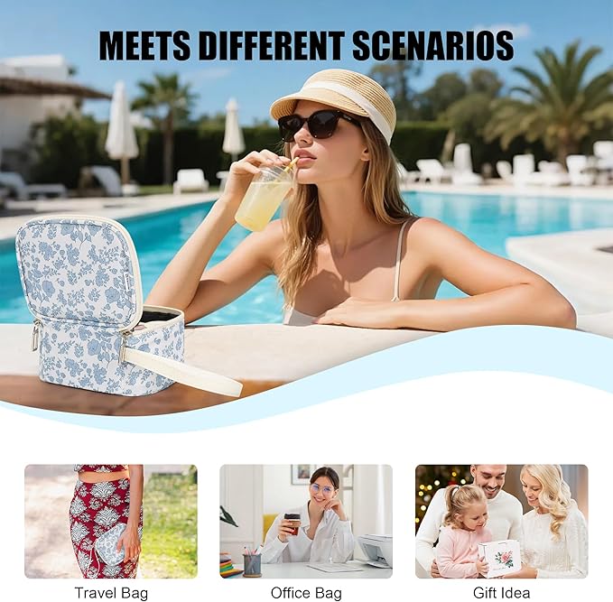 Relavel Mini Makeup Bag with Led Mirror, Small Floral Cosmetic Bag with 3 Light Modes, Rechargeable Portable Makeup Pouch with Hands-Free Wrist Strap for Pool Parties丨Work Touch-Ups丨Travel