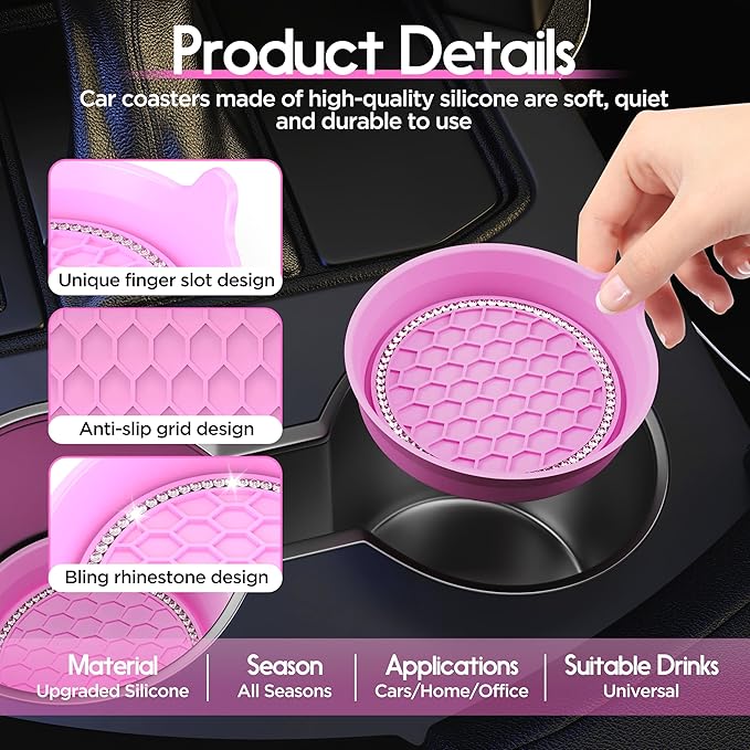 Amooca Car Cup Coaster Universal Non-Slip Cup Holders Bling Crystal Rhinestone Car Interior Accessories 2 Pack Pink
