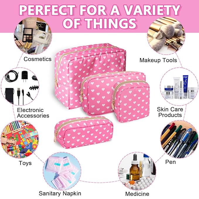 Mini Makeup Pouch for Purse, Small Cosmetic Bag Pouch Nylon Travel Toiletry Organizers for Women Girls, Cute Storage Zipper Pouch Coin Purse for School Work Camping (Mini-Pink Heart)