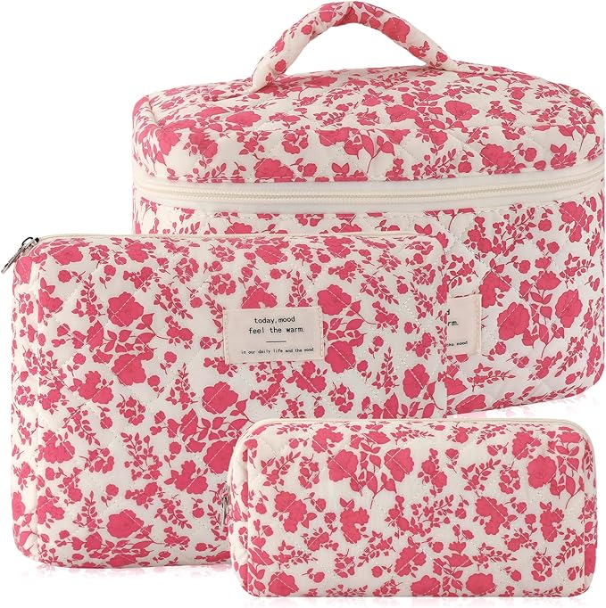 3Pcs Cotton Quilted Makeup Bag for Women Large Small Travel Cosmetic Bag Set Cute Pink Floral Print Makeup Pouch for Purse Portable Skincare Bags Coquette Vintage Puffy Travel Essential