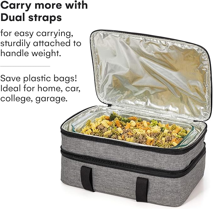 VP Home Large Casserole Carrier - Double Compartment Insulated Bag for Hot or Cold Food - Cupcake Carrier - Insulated Tote Bag with Lid for Travel Parties or Food Transport Containers - Heather Gray