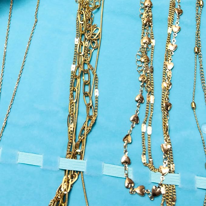 UnionPlus Velvet Travel Jewelry Roll Bag Organizer for Necklaces Bracelets, Extra Large Black with Elastic Band for Necklaces Only, River Blue