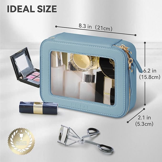 Prite Clear Makeup Bag Cosmetic Organizer Case Waterproof Travel Toiletry Bag Skincare Pouch with Golden Zipper (Blue)