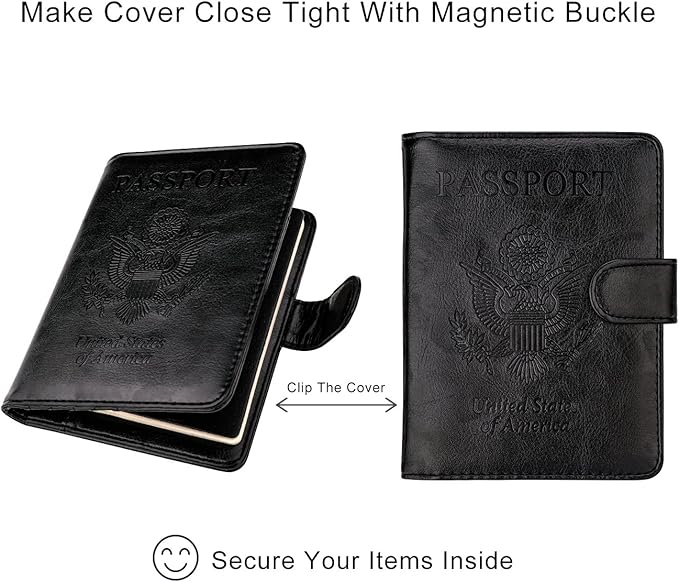 WALNEW Passport Holder for Travel, RFID Passport Cover Wallet for Women Men, PU Leather Passport Book Card Holder Case with Pen (Buckle Closure, Buckle-Black)