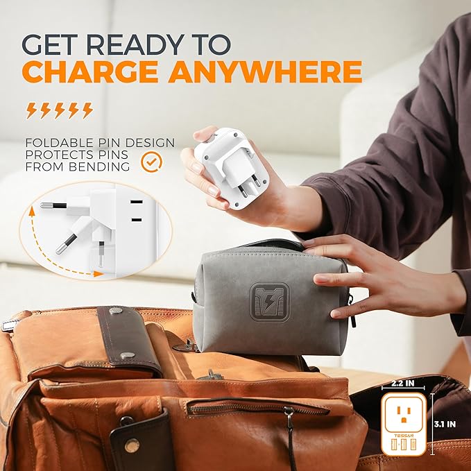 TESSAN European Travel Plug Adapter, Europe Adapter with 4 Outlets and 3 USB(1 USB C PD 20W), International Foldable Plug Type C Power Adaptor for EU Spain France Italy Germany Portugal Iceland