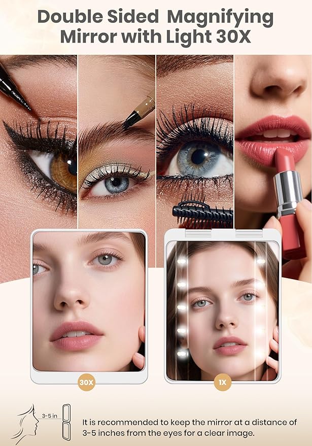 Compact Mirror, Rechargeable 30X Magnifying Mirror with 3 Lighting Modes & Dimmable Brightness, Portable Travel Makeup Mirror with Light, Essentials for Travel, Pocket, Purse, Gifts for Women White