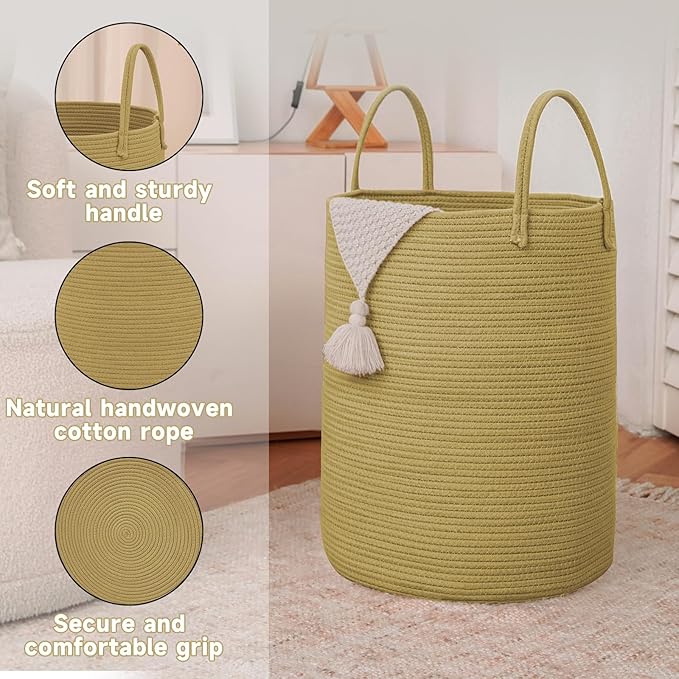 Large Woven Laundry Basket Hamper, 80L Cotton Rope Storage Bin for Blankets, Toys and Clothes, Decorative Tall Nursery Hamper for Living Room, Baby Nursery, Bathroom and Bedroom, Jute