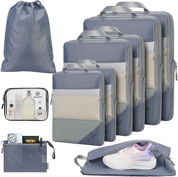 PFEYRPK Lightweight Compression Packing Cubes for Suitcases, Compressible Expandable Travel Packing Organizer with Clear Toiletries and Backpack Bag, Travel Essentials for Carry-on Luggage, 7-Piece Set