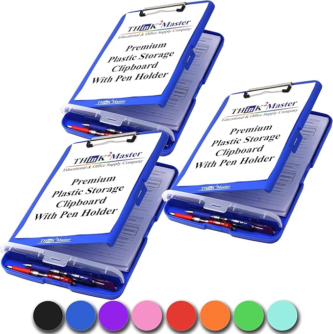 Think2Master [3 Pack] Blue Plastic Storage Clipboard with Pencil Holder. | 25% Heavier & 25% Sturdier| Heavy Duty. Nursing, Teacher & Classroom Must Have.