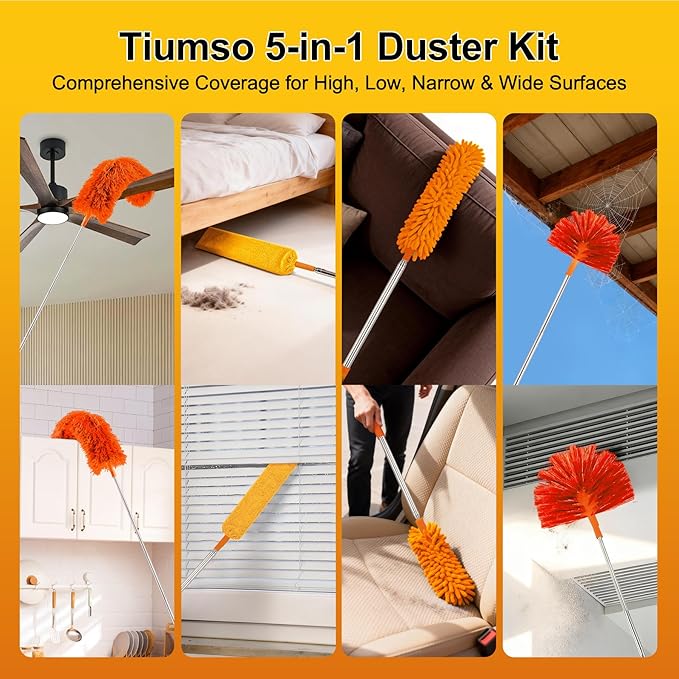 Tiumso 5-in-1 Duster with Extension Pole 100” Extendable Dusters for Cleaning Reusable Anti-Spin Dusting Kits for High Ceiling Fans, Cobwebs & Vents, Reinforced Stainless Steel Telescopic Handle