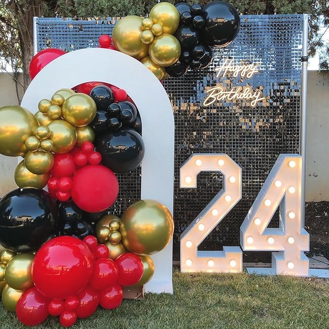 PTGOLUO 153Pcs Red and Black Gold Balloons Garland Arch Kit - 18 12 10 5 inch Different Size Black and Red Metallic Gold Balloons for Casino Anniversary Night Hollywood Movie Night Party Decorations