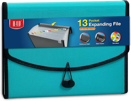 H4D 13-Pocket Accordion File Organizer with Mesh Pocket, Expanding File Folder with Tabs, Expandable Document Organizer for Home Office School, Letter Size, Teal