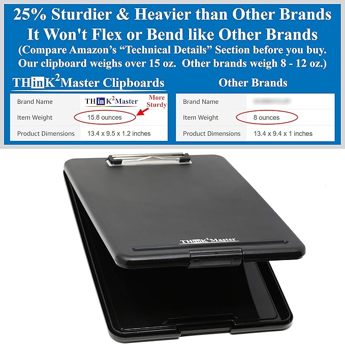 Think2Master Black Plastic Storage Clipboard. | 25% Heavier & 25% Sturdier| Heavy Duty and Won’t Flex or Bend Like Other Brands (Compare The Weight). Storage Compartment Holds 150 Letter Sized Paper.