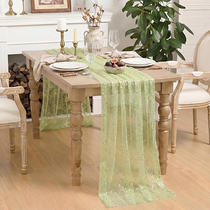 Horaldaily Sage Green Gauze Tablecloth 60x120 Inch Rectangular, Golden Sequin Glitter Metallic Foil, Sheer Tulle Cheesecloth for Wedding Baby Shower Ceremony Birthday